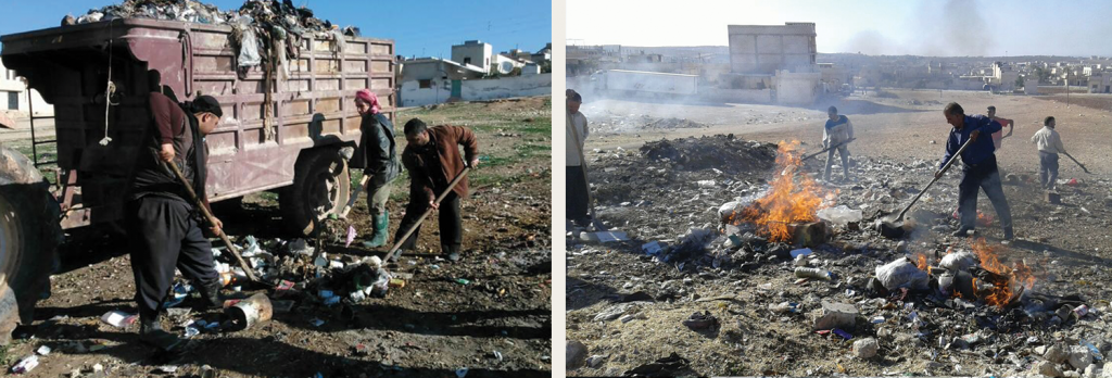 Khan Sheikhoun Local Council employees dispose of trash.