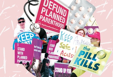 a collage of people holding signs and a stethoscope