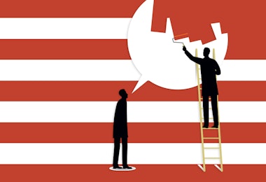 Graphic of a person speaking a speech bubble, and a person on a ladder buffering paint over his speech
