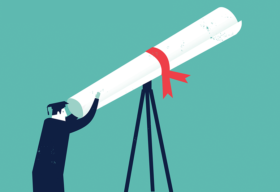 A graphic of a graduate looking through a telescope that is a degree