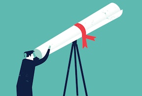 A graphic of a graduate looking through a telescope that is a degree