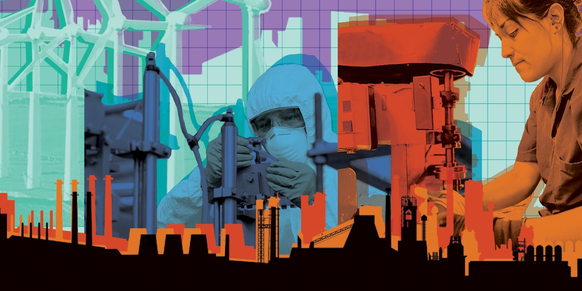 Graphic illustration of a industrial foreground with an overlay of two women factory employees.