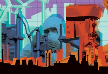 Graphic illustration of a industrial foreground with an overlay of two women factory employees.