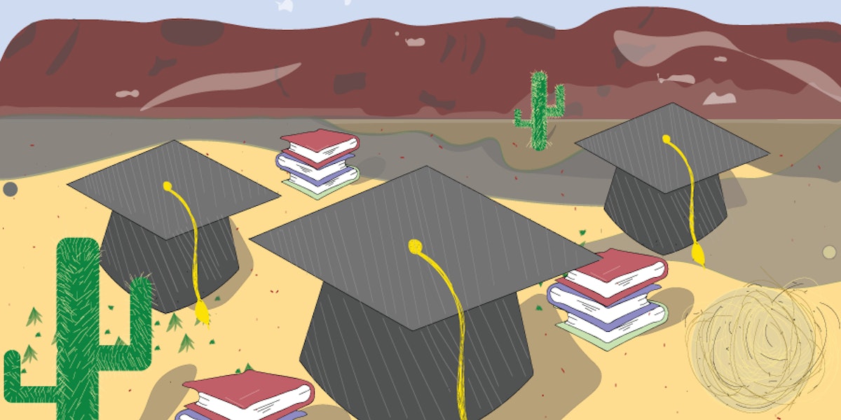 Illustration of graduate caps and textbooks in a desert