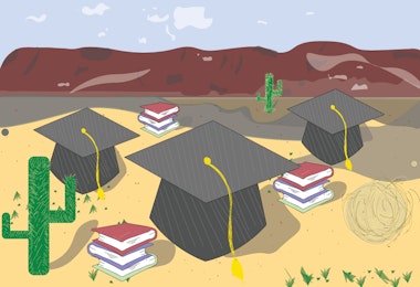 Illustration of graduate caps and textbooks in a desert