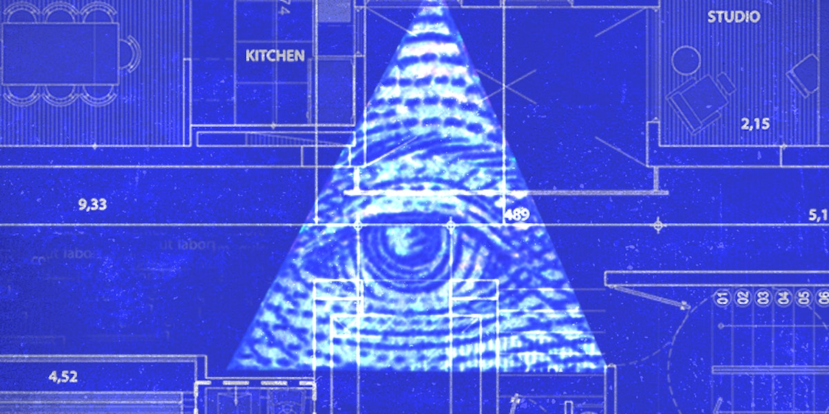An blueprint of a house superimposed with the eye of providence