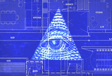 An blueprint of a house superimposed with the eye of providence