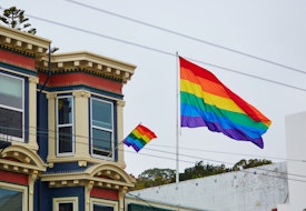 Gay Pride Movement flag on a street of San Francisco, California, USA