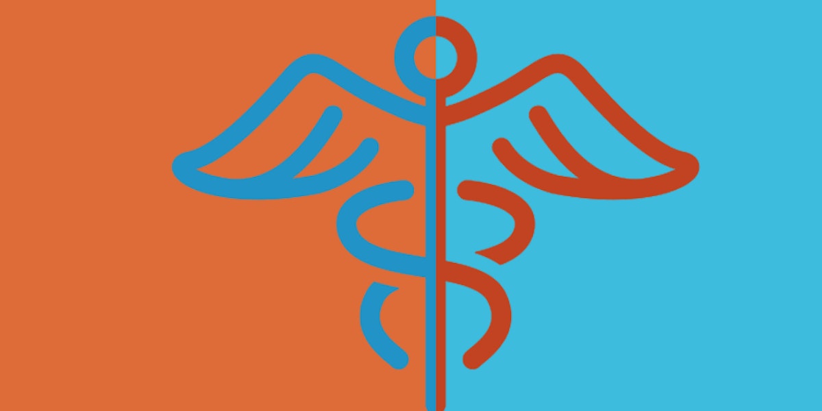 a red and blue medical symbol on a blue and orange background