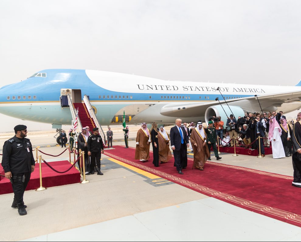 President Donald Trump and First Lady Melania Trump arrive in Rihad, Saudi Arabia, Exiting a plane down a red carpet