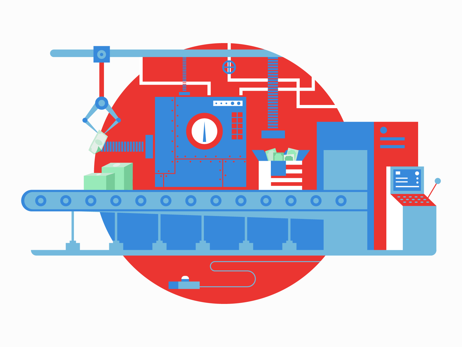 a blue and red clock sitting on top of a machine