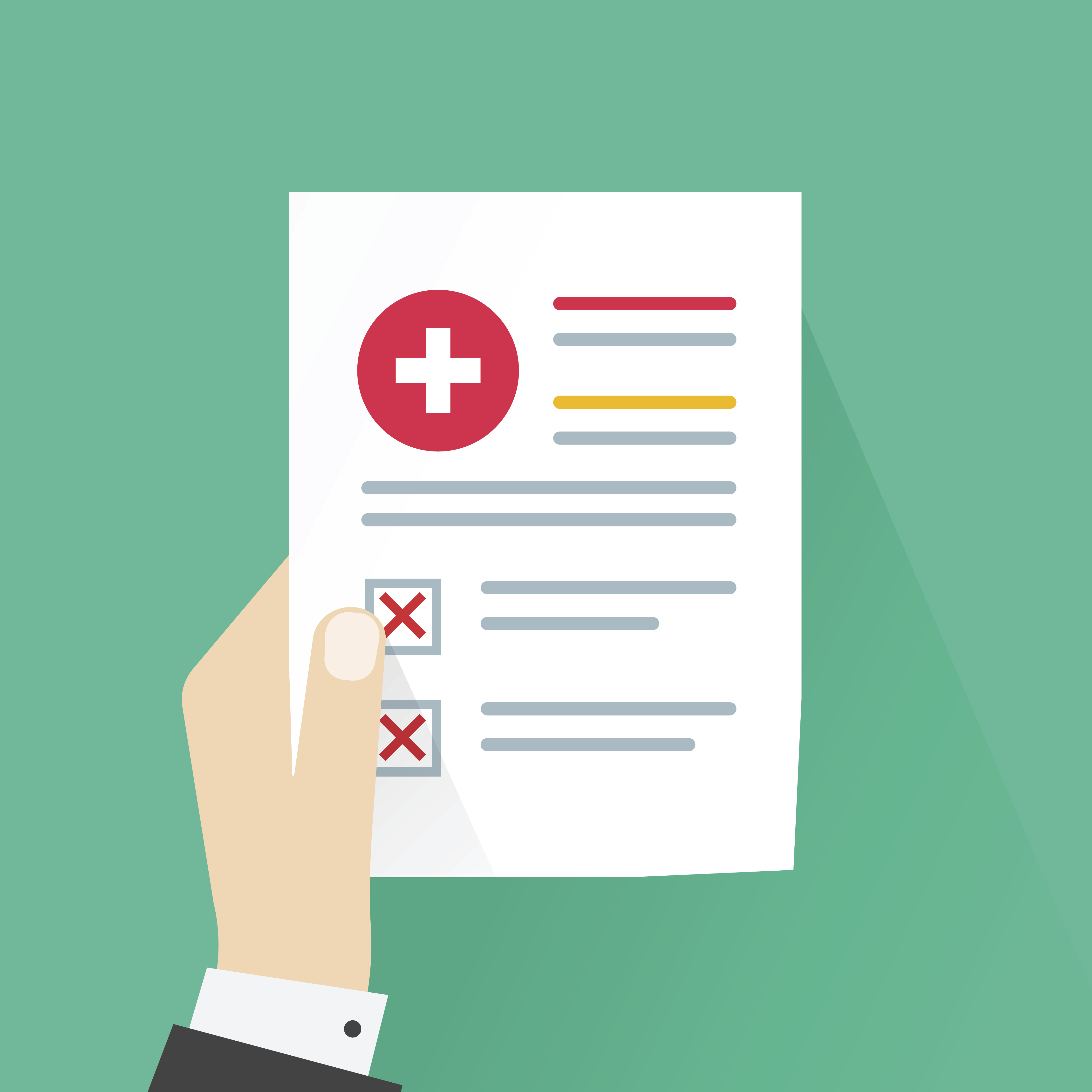 Medical bad results vector illustration, flat cartoon paper document with unhealthy check analysis and bad test result, patient hand holding problem or failed medical record information