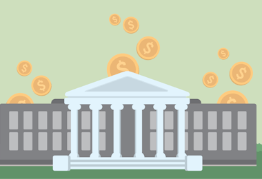 Graphic of a university insitituition with gold coins