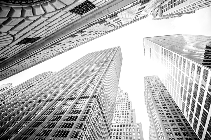 Looking up at skyscrapers in Manhattan, New York City, USA.