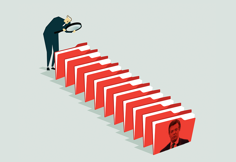 A vector graphic of a person with a magnify glass inspecting an array of files