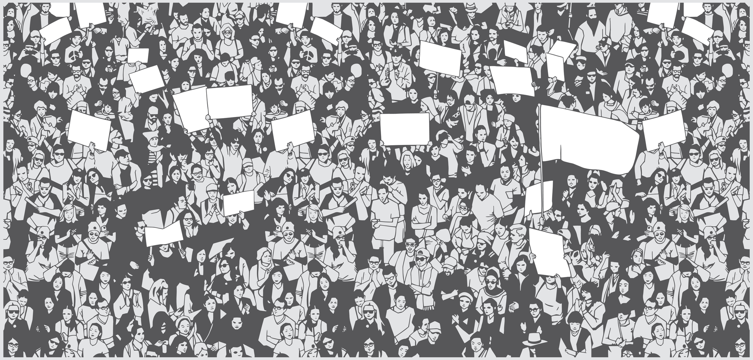 Stylized drawing of demonstrating crowd from high angle view
