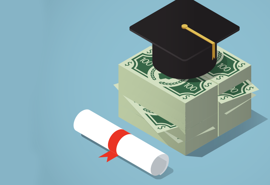 Graphic of a pile of cash with a graduation cap on top, and a diploma.