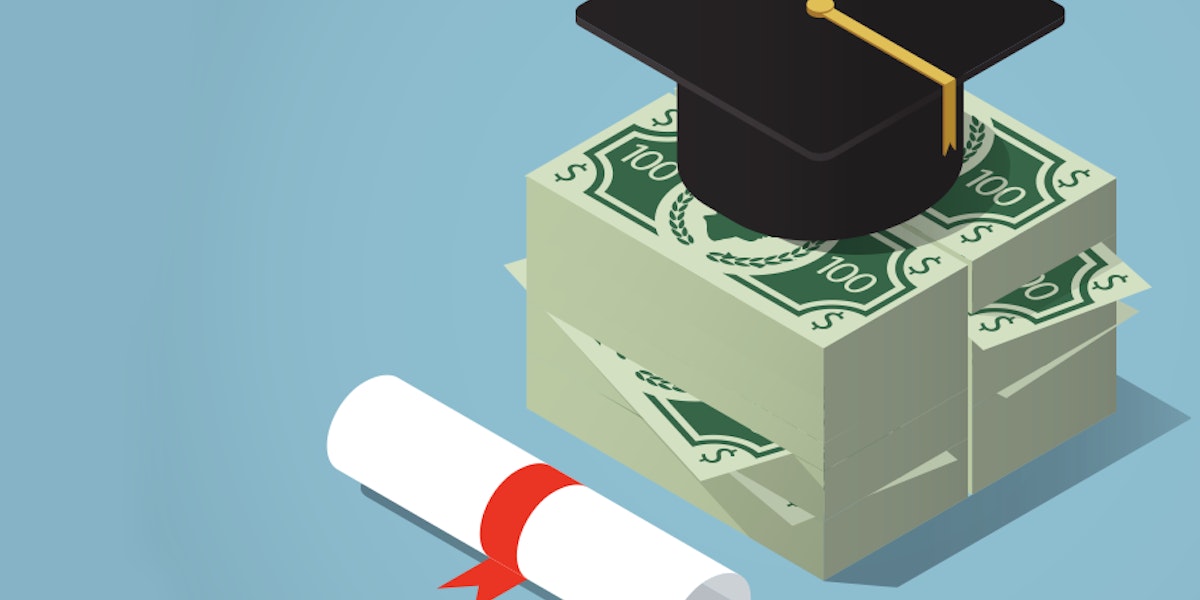 Graphic of a pile of cash with a graduation cap on top, and a diploma.