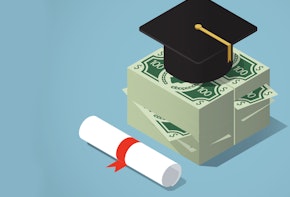 Graphic of a pile of cash with a graduation cap on top, and a diploma.