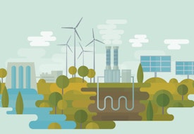 Flat vector illustration is showing alternative clean energy sources: hydro energy, wind energy, geothermal energy and solar energy. Nicely layered.