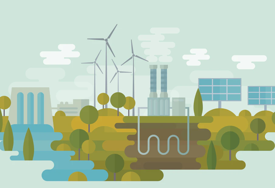 Flat vector illustration is showing alternative clean energy sources: hydro energy, wind energy, geothermal energy and solar energy. Nicely layered.