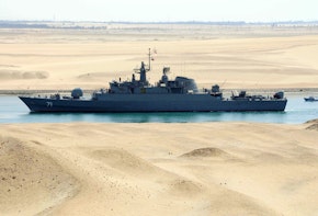Iranian patrol frigate Alvand transits through the Suez Canal on February 22, 2011 bound, along with support ship Kharg, for the Mediterranean Sea on a purported training mission that Israel regards as a provocation. AFP PHOTO/STR (Photo credit should read -/AFP/Getty Images)