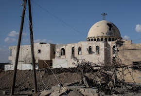 RAQQA, SYRIA - OCTOBER 30: A destroyed mosque is seen in the western neighborhood of Jazrah on the outskirts of Raqqa on October 30, 2017 in Raqqa, Syria. Following three and a half months of fighting Raqqa was liberated from the control of ISIL on October 19. Since then the city and surrounding neighborhood's have become a ghost town after being sealed off to civilians due to masses of landmines throughout the city.  (Photo by Chris McGrath/Getty Images)
