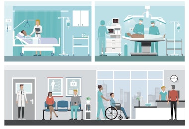 Hospital and healthcare banner set: doctors working in the office, ward, surgery, reception and patients waiting in the corridor