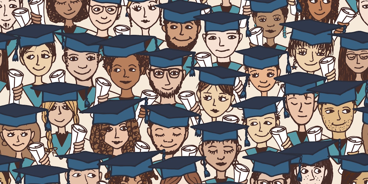 Hand drawn seamless pattern of a group of cartoon students with graduation caps and their degree in their hands