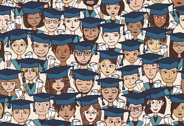 Hand drawn seamless pattern of a group of cartoon students with graduation caps and their degree in their hands