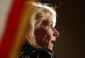 CORAL SPRINGS, FL - MARCH 07:  U.S. Education Secretary Betsy DeVos speaks to the news during a press conference held at the Heron Bay Marriott about her visit to Marjory Stoneman Douglas High School in Parkland on March 7, 2018 in Coral Springs, Florida.  DeVos was visiting the high school following the February 14 shooting that killed 17 people.  (Photo by Joe Raedle/Getty Images)