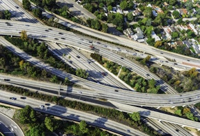 Aerial view of highways, interchanges, and traffic in Los Angeles California