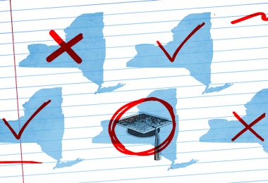 Graphic of NY state with checks, and crosses. A cirled NY state has a graduation cap.