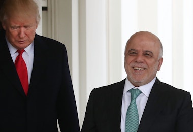 WASHINGTON, DC - MARCH 20:  U.S. President Donald Trump (L) welcomes Iraqi Prime Minister Haider al-Abadi upon his arrival for a meeting at the White House, on March 20, 2017 in Washington, DC.  (Photo by Mark Wilson/Getty Images)