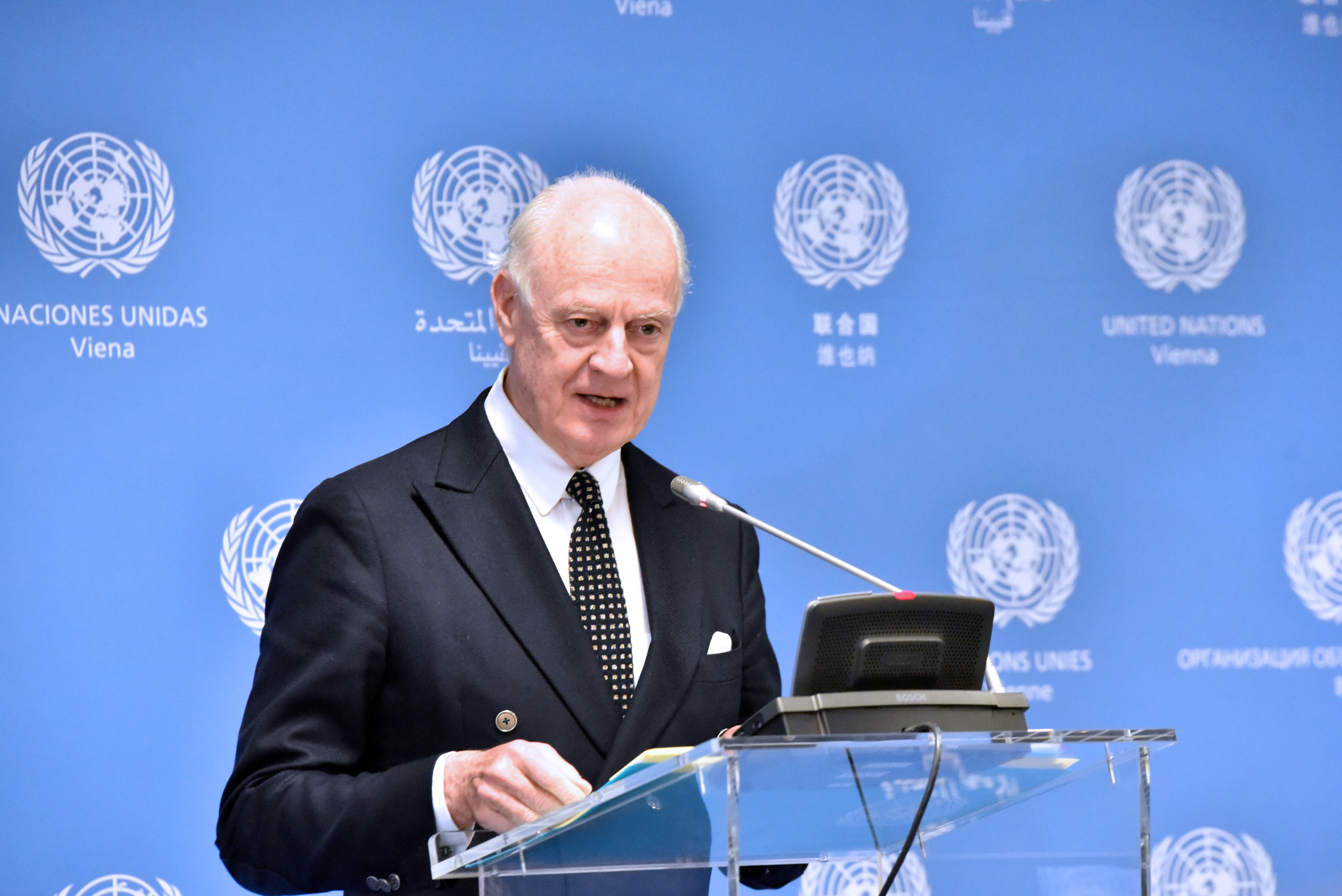 UN Special Envoy on Syria Staffan de Mistura speaking to press a