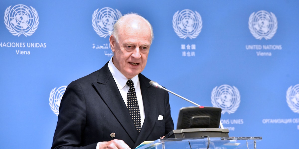 UN Special Envoy on Syria Staffan de Mistura speaking to press a