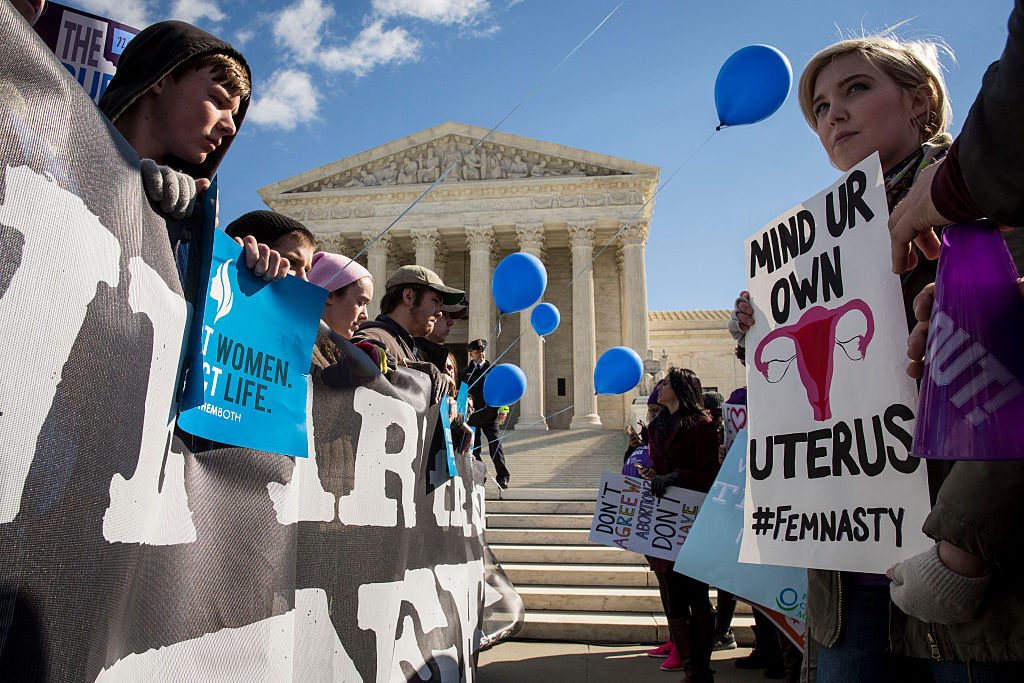 WASHINGTON, DC - MARCH 2:
at the Supreme Court, March 2, 2016 in Washington, DC.  On Wednesday morning, the Supreme Court will hear oral arguments in the Whole Woman’s Health v. Hellerstedt case, where the justices will consider a Texas law requiring that clinic doctors have admitting privileges at local hospitals and that clinics upgrade their facilities to standards similar to hospitals. (Drew Angerer/Getty Images)