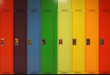 Rainbow of school lockers.