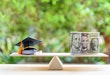 Money cost saving for goal and success in school, education concept : US USD dollar notes or cash, graduation cap, a text book, a certificate / diploma on basic wooden balance scale. Green background.