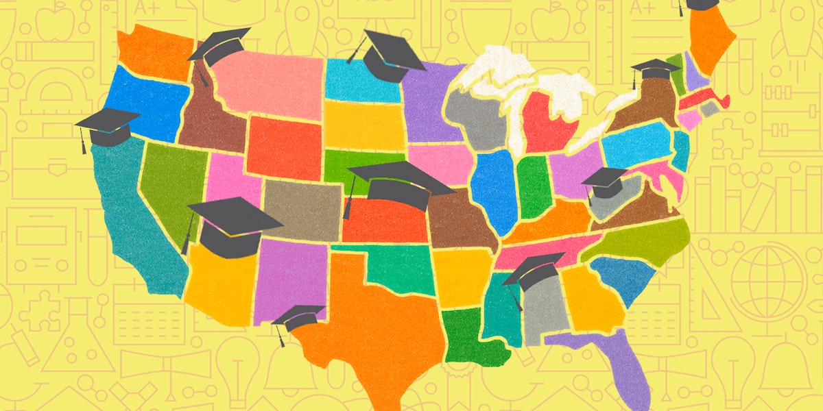 A map of the united states with graduation caps
