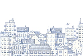 Line drawing of a city with many apartment buildings and private houses. Left half.