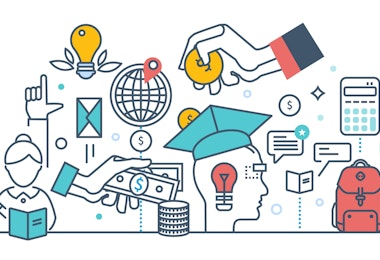 Education cost concept. Invest money in education, study cash, tuition fees, tax, pay, spending education money investment. Calculation, management. Illustration thin line design of vector doodles.