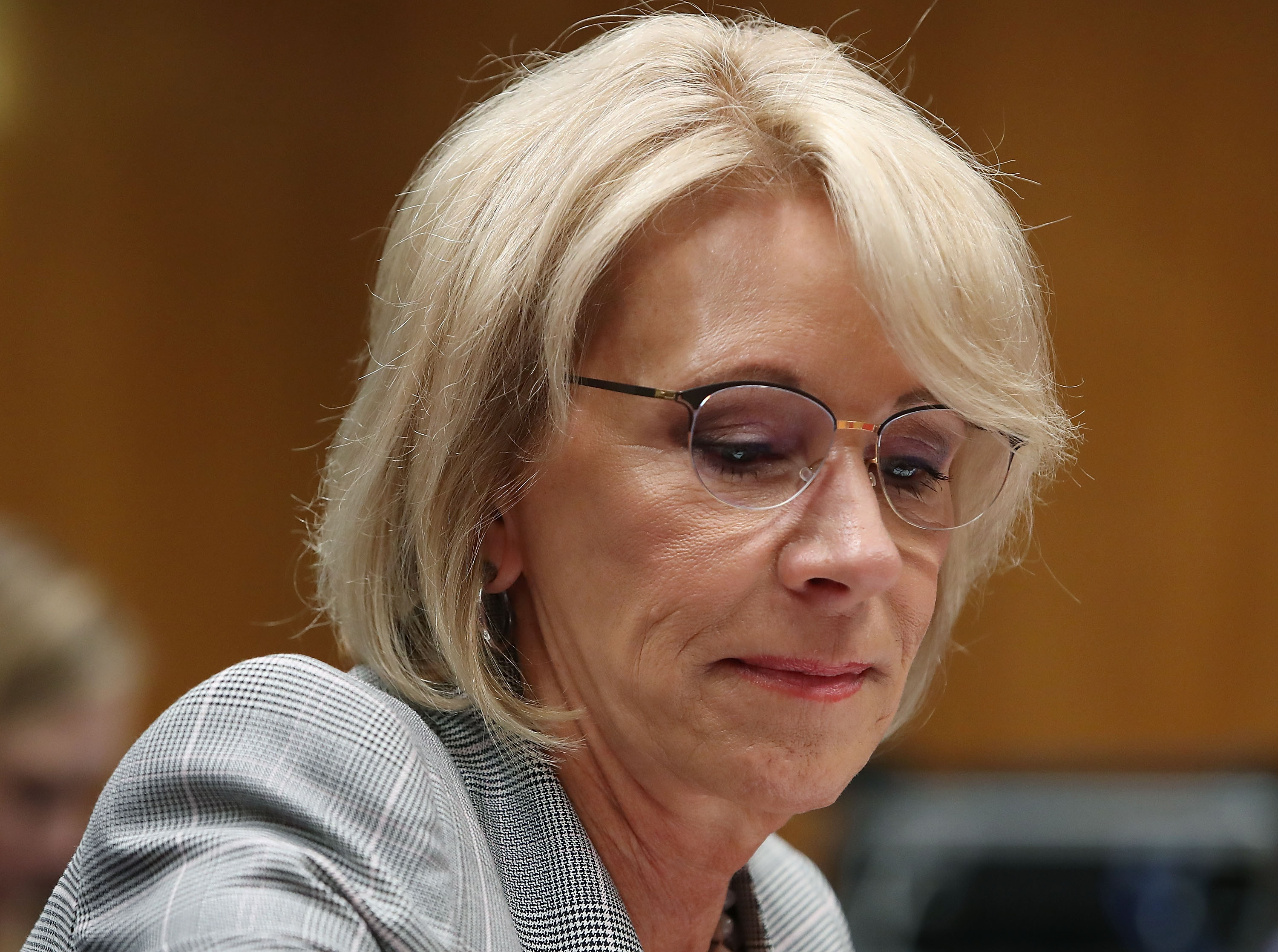 WASHINGTON, DC - JUNE 05:  Education Secretary Betsy DeVos testifies during a Senate Appropriations Subcommittee hearing on Capitol Hill, June 5, 2018 in Washington, DC. The subcommittee heard testimony on the administrations FY2019 budget request for the Education Department.  (Photo by Mark Wilson/Getty Images)