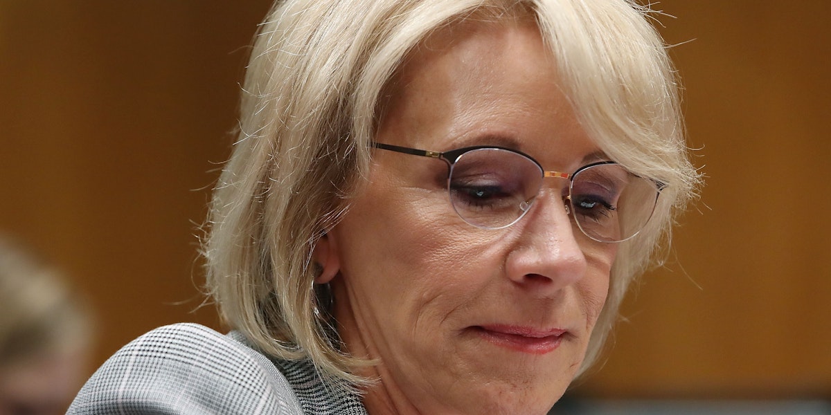 WASHINGTON, DC - JUNE 05:  Education Secretary Betsy DeVos testifies during a Senate Appropriations Subcommittee hearing on Capitol Hill, June 5, 2018 in Washington, DC. The subcommittee heard testimony on the administrations FY2019 budget request for the Education Department.  (Photo by Mark Wilson/Getty Images)