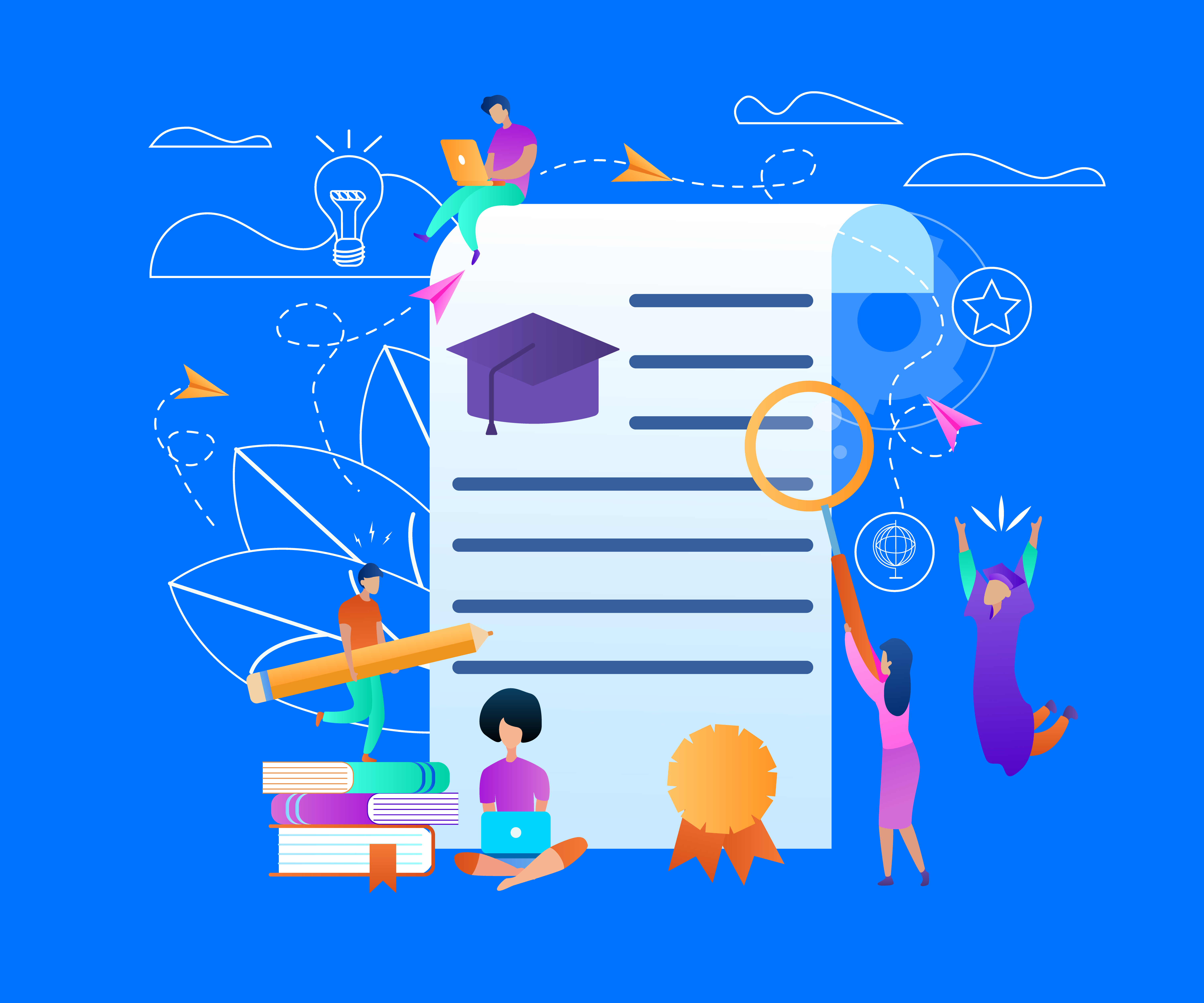 Training Young People Gaining Knowledge From Books and Internet Around of Certificate. Banner with Copy Space, Outline Elements. Online Learning Students Composition. Flat Vector Illustration, Banner