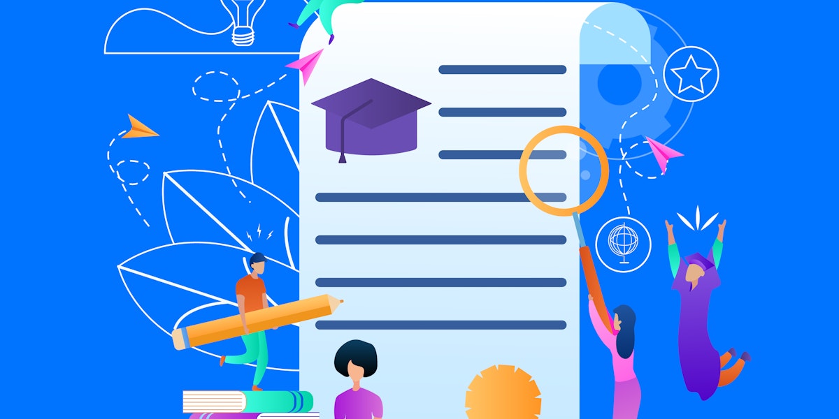 Training Young People Gaining Knowledge From Books and Internet Around of Certificate. Banner with Copy Space, Outline Elements. Online Learning Students Composition. Flat Vector Illustration, Banner