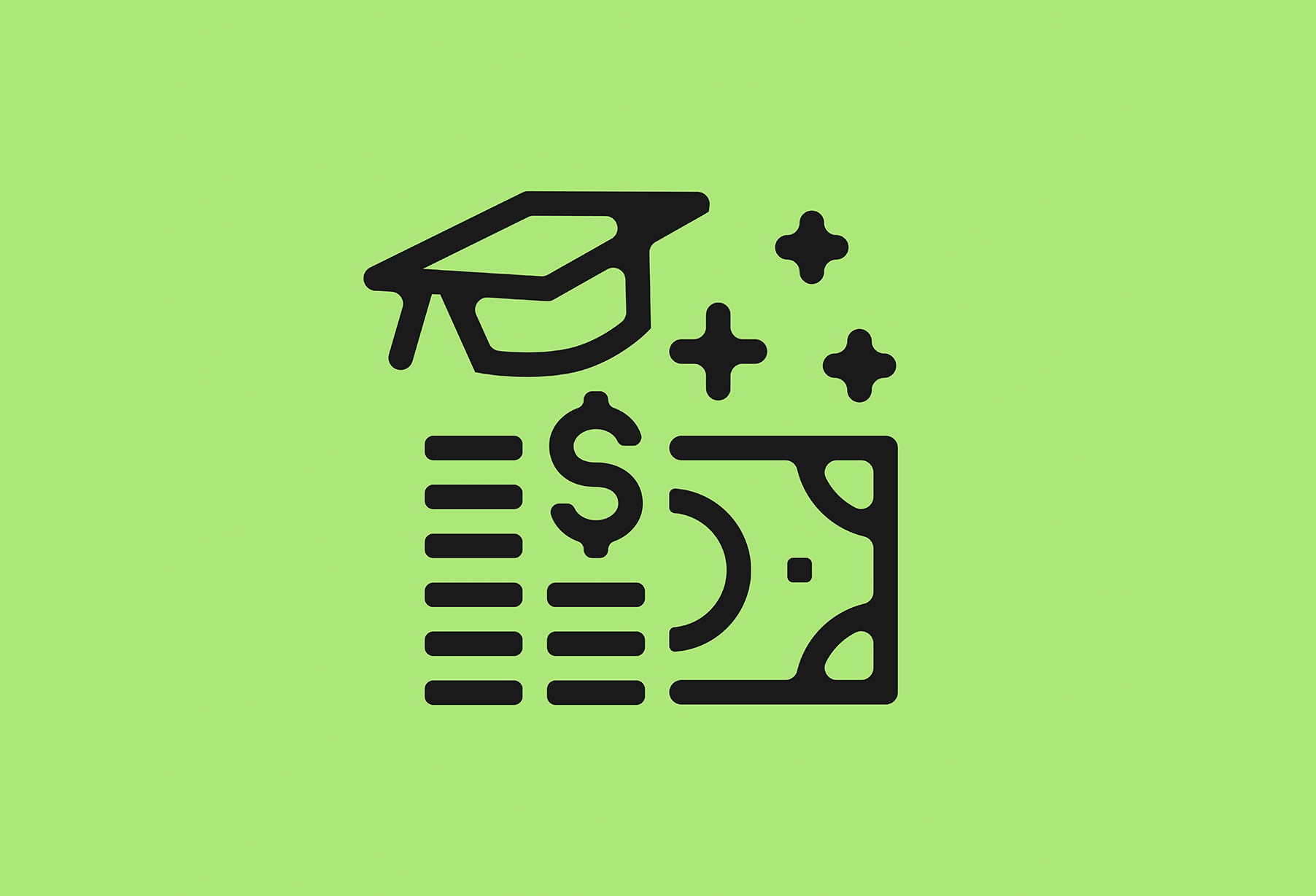 a green background with a graduation cap and money