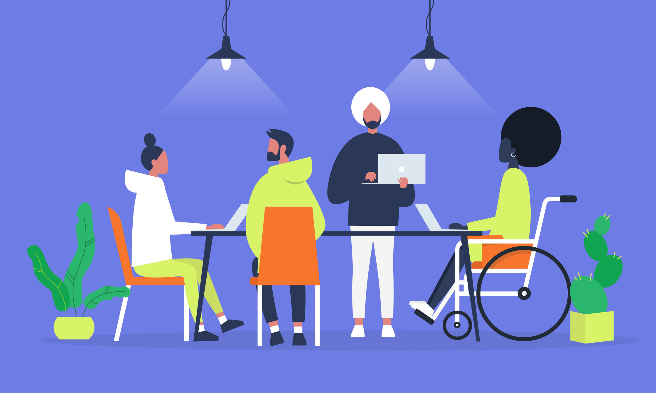 Office life. Diversity collective. Startup. Millennials at work. Generation z. Technologies. Project management. Flat editable vector illustration, clip art