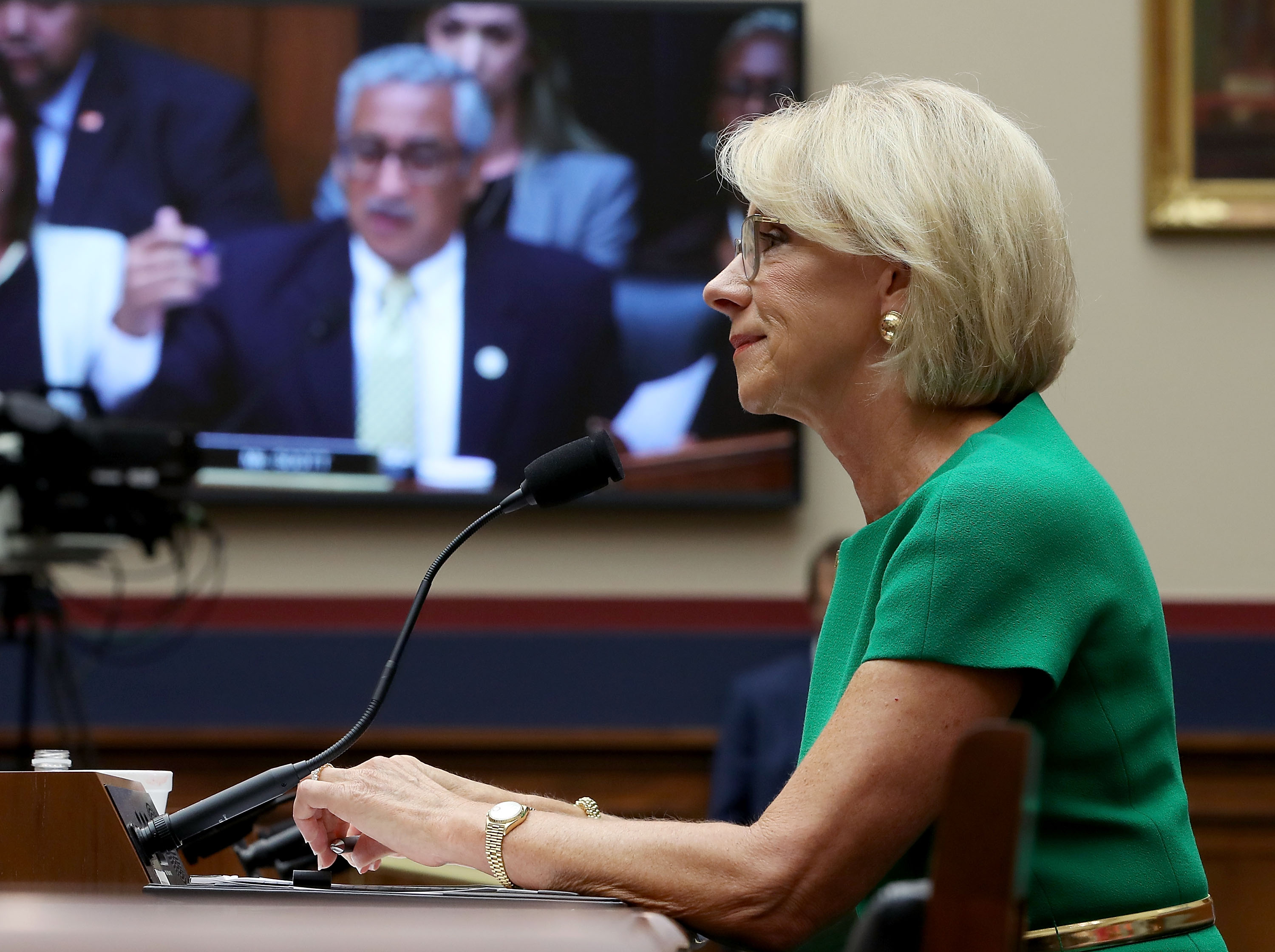 WASHINGTON, DC - MAY 22:  Rep. Bobby Scott (D-VA) (on video screen) questions Education Secretary Betsy DeVos during a House House Education and the Workforce Committee hearing on Capitol Hill, May 22, 2018 in Washington, DC. The hearing focus is on examining the policies and priorities of the U.S. Department of Education.  (Photo by Mark Wilson/Getty Images)