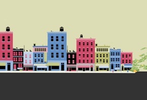 Graphic Illustration of a city block with money flying